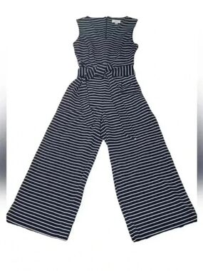 Calvin Klein Navy and White Striped Sleeveless Wide-Leg Jumpsuit with Tie Belt
